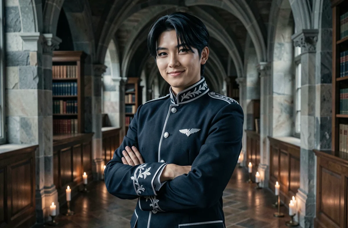 Cosplayeur en uniforme d'académie sombre avec des yeux de renard accentués, posant dans un couloir gothique aux reflets de bougie, illustration du manhwa The Fox Eyed Villain