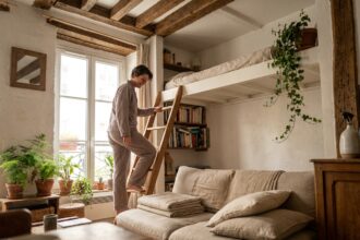 Salon avec mezzanine en bois et couchage en hauteur pour recevoir des amis sans clic-clac