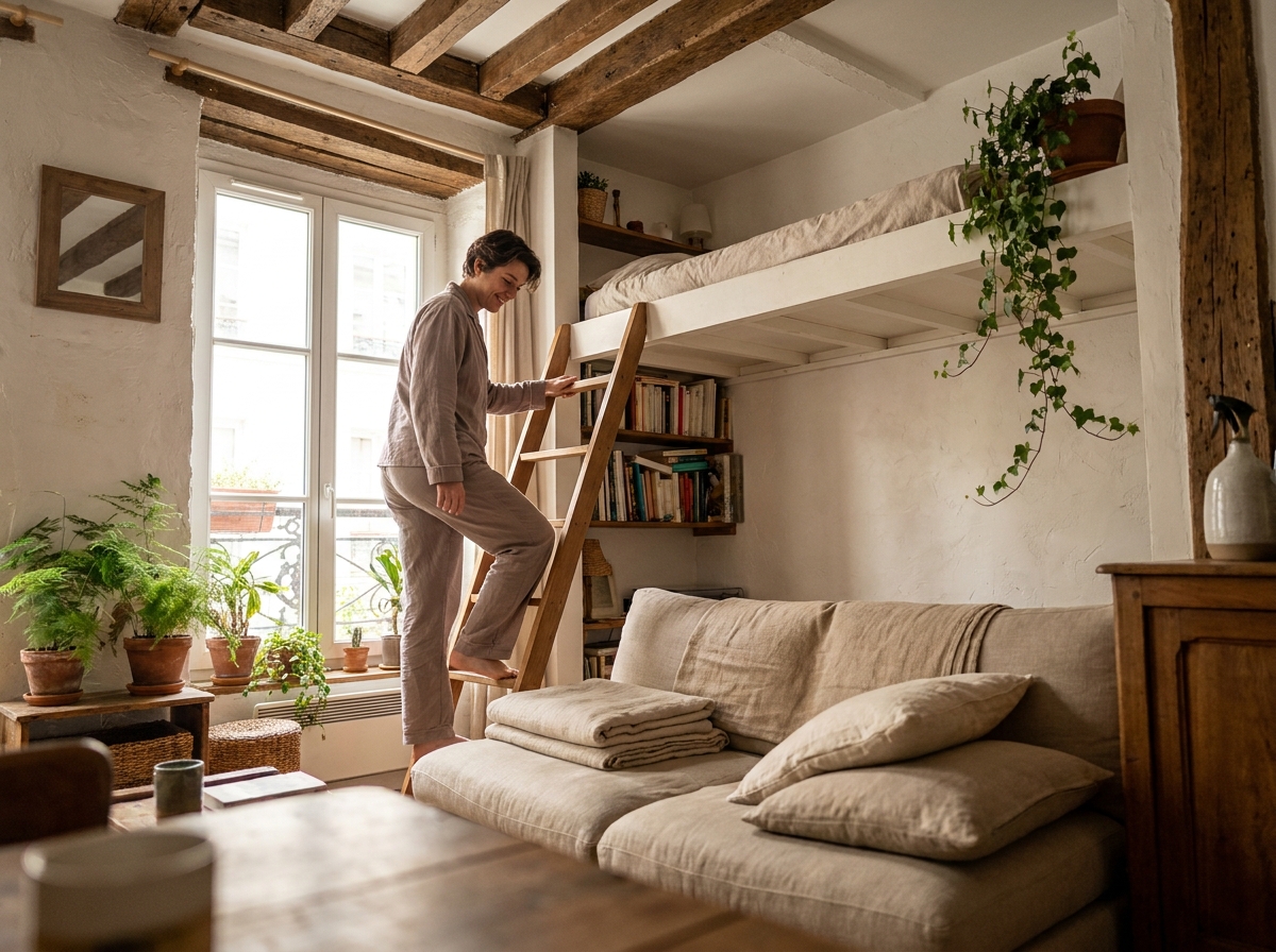 Salon avec mezzanine en bois et couchage en hauteur pour recevoir des amis sans clic-clac