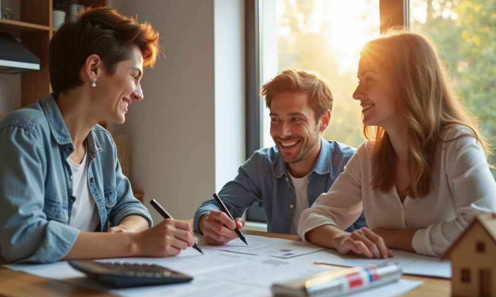 Jeune couple discutant avec un conseiller immobilier