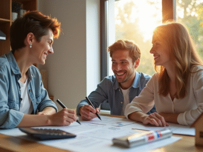 Jeune couple discutant avec un conseiller immobilier