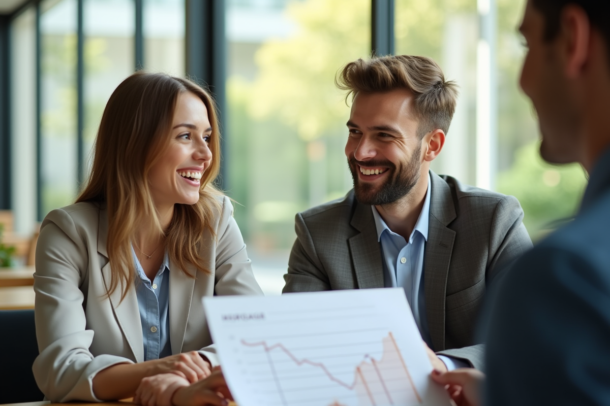 Jeune couple discutant avec conseiller financier dans une agence lumineuse