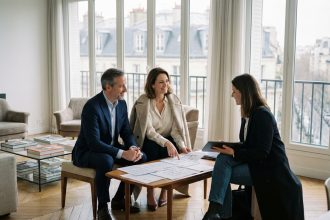 Couple en costume examinant des documents immobiliers à Neuilly