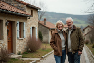 Couple devant maison en pierre dans un village rural français