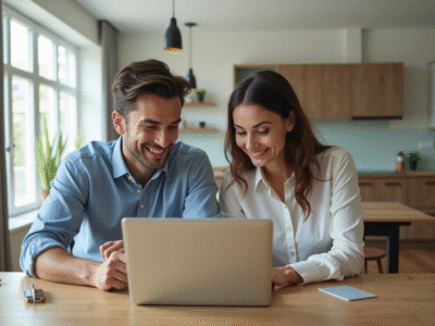 Jeune couple compare des offres de prêt immobilier à la maison