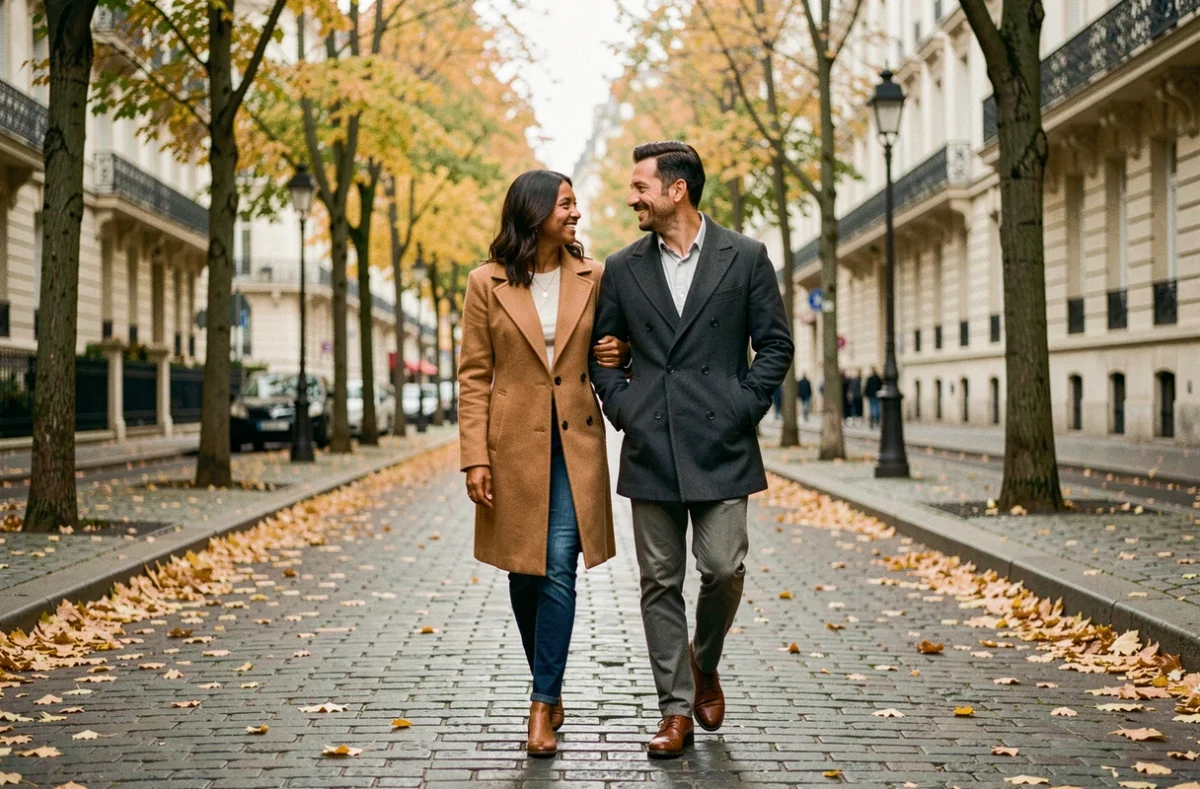 Couple élégant se promenant sur un boulevard parisien en automne, évoquant la vie commune d'Aliou Mara et Audrey Crespo-Mara