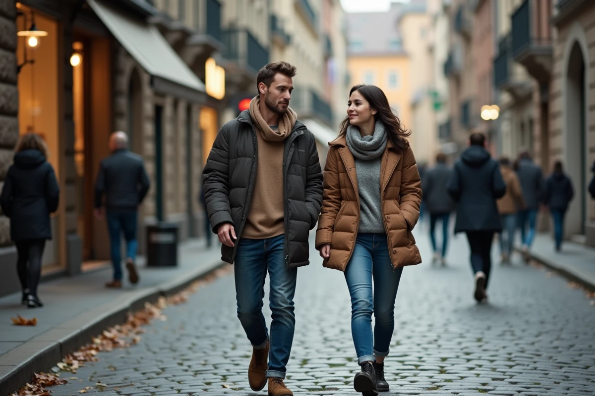 Couple marchant dans une rue pavée européenne en automne, thème de la vie amoureuse et des rumeurs médiatiques