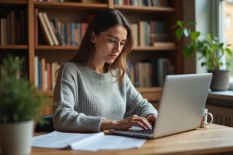 Créatrice de contenu transformant ses articles de blog en manuscrit pour Kindle Direct Publishing sur son bureau à domicile