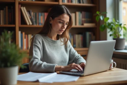 Créatrice de contenu transformant ses articles de blog en manuscrit pour Kindle Direct Publishing sur son bureau à domicile