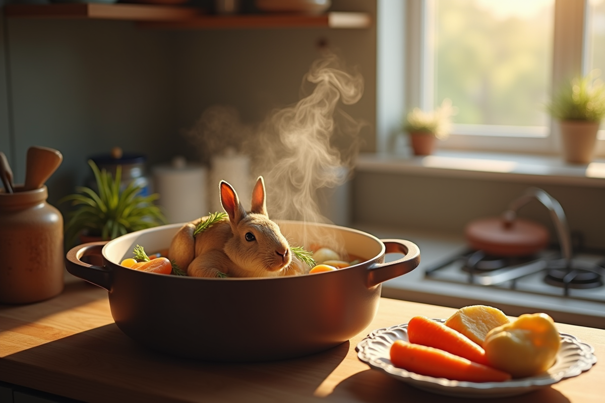 Cuisine chaleureuse avec plat de lapin en cider et légumes