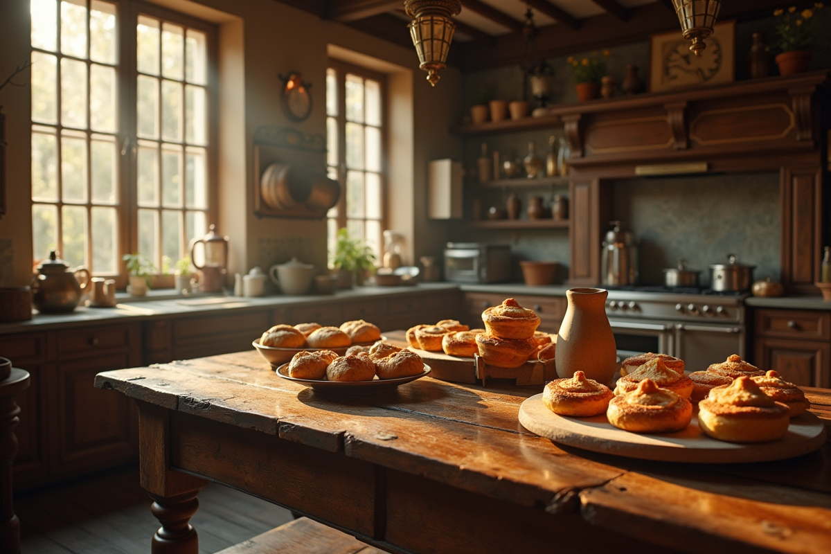 Cuisine vintage avec table de pâtisseries et ustensiles