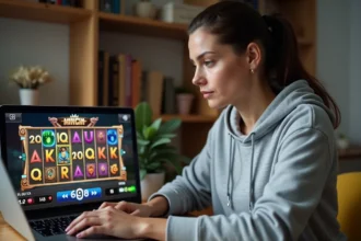 Jeune femme débutante jouant sur un slot en ligne depuis son bureau à domicile sur un ordinateur portable