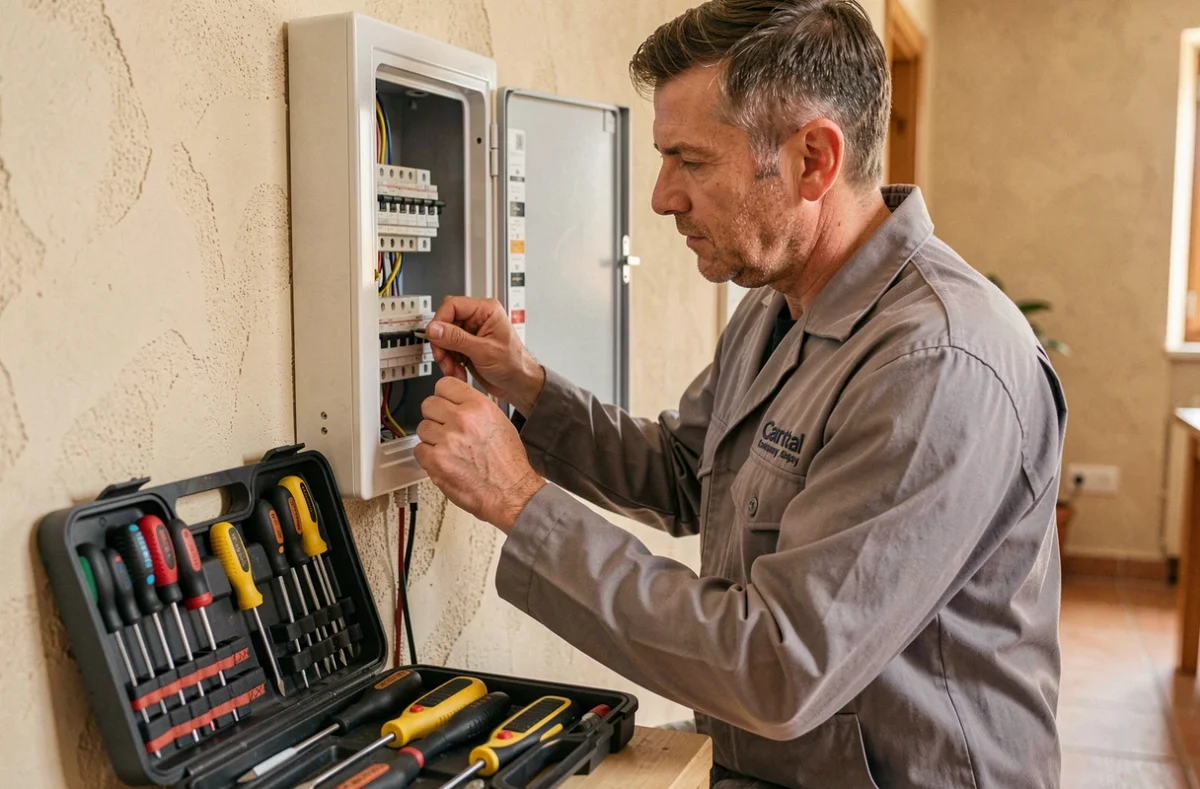 Électricien de Deguirard Électricité Générale SARL étiquetant des disjoncteurs dans un tableau résidentiel du Cantal