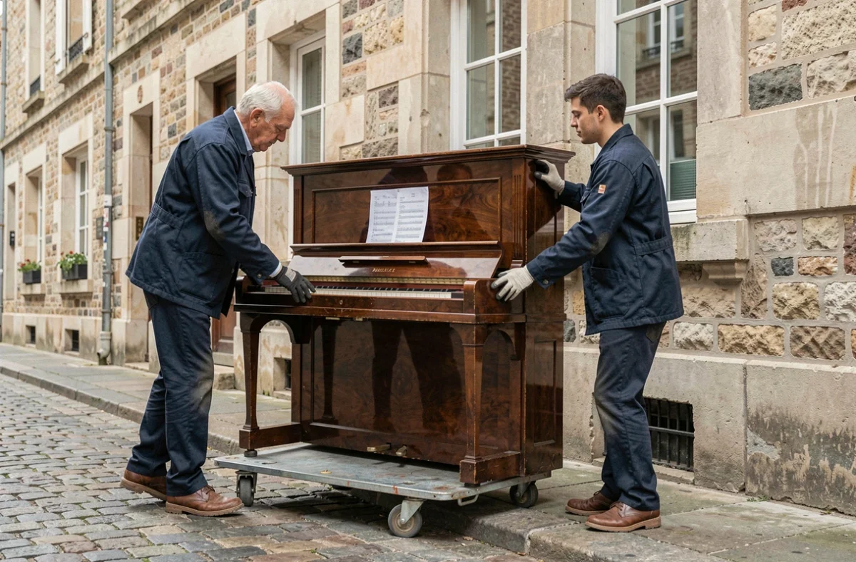 Un déménageur senior et son fils assistant chargeant un piano droit vintage sur un diable spécialisé devant une maison de ville angevine