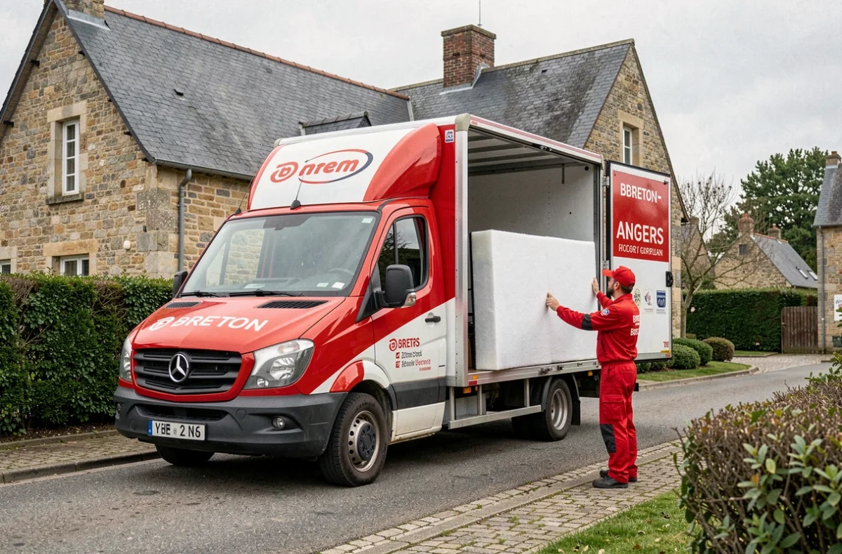 Camion des Déménageurs Bretons en livrée rouge et blanc garé devant une maison en pierre angevine, déchargement d'une télévision protégée