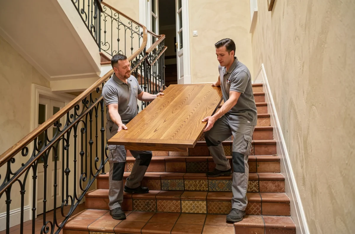 Deux déménageurs en uniforme gris portant une grande table en chêne massif dans l'escalier d'un immeuble angevin avec rampe en fer forgé