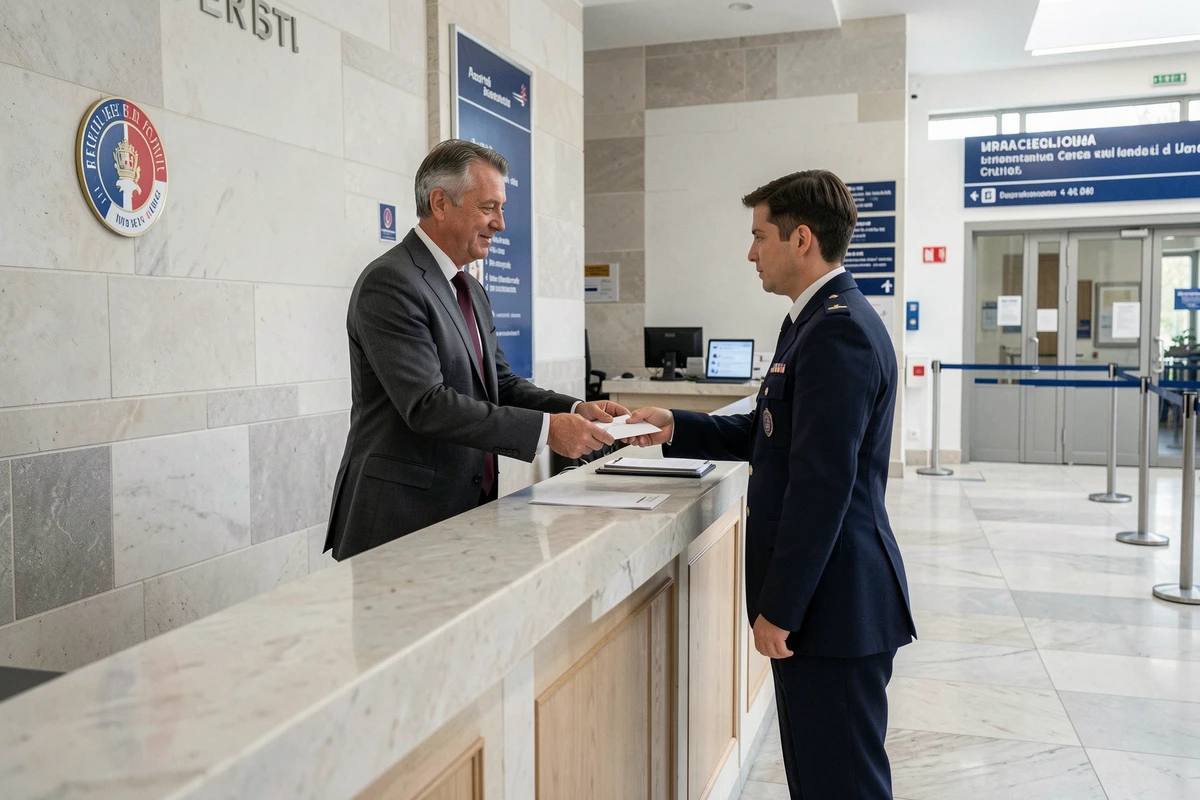 Homme déposant une demande officielle en préfecture avec enveloppe contenant une lettre de politesse