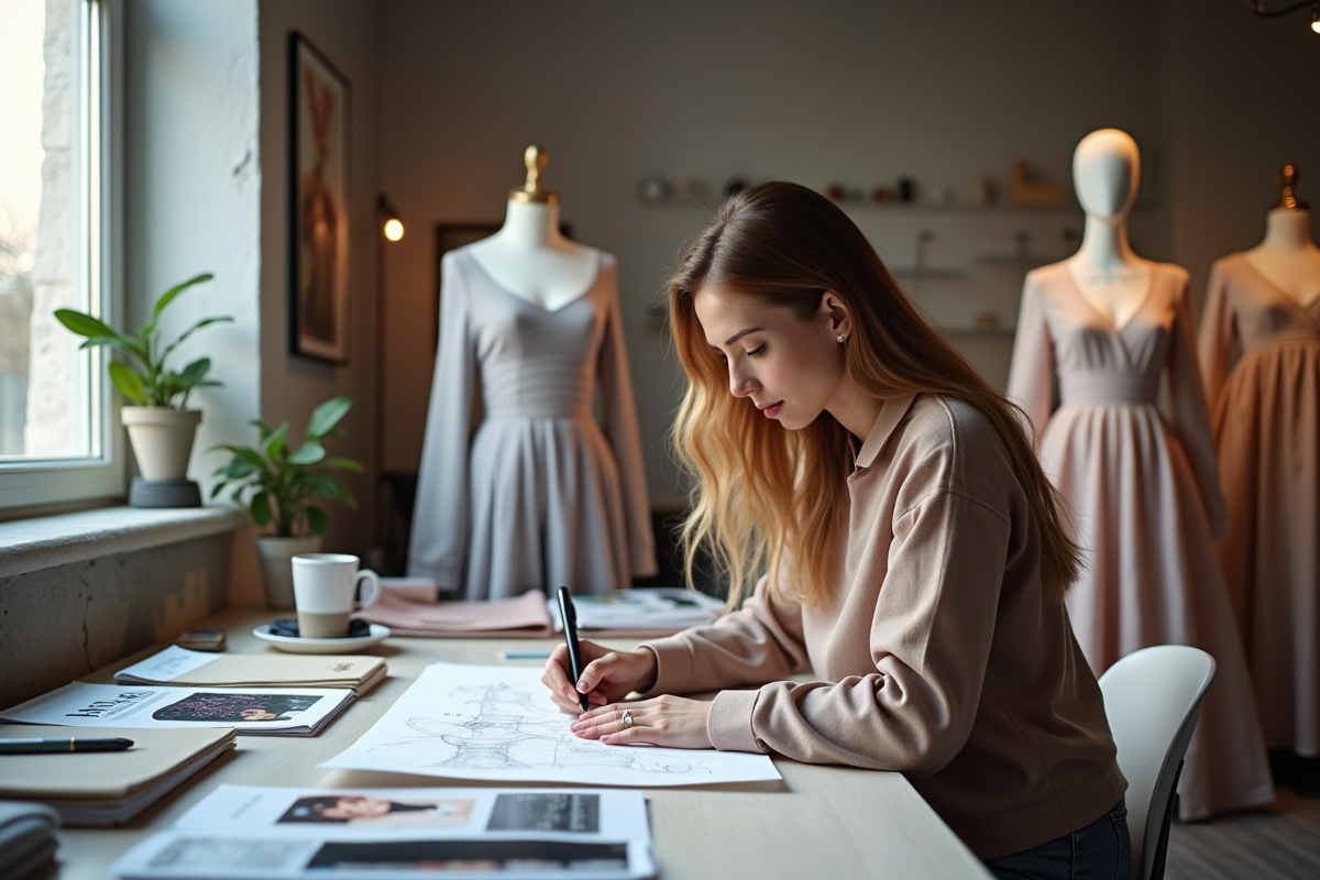 Créateur de mode moderne esquissant une nouvelle robe dans un studio lumineux