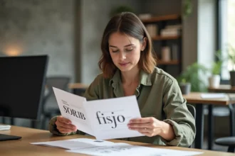 Designer UX comparant des typographies serif et sans-serif imprimées sur papier, assise à un bureau en bois dans un studio de design moderne