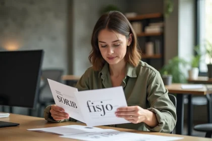 Designer UX comparant des typographies serif et sans-serif imprimées sur papier, assise à un bureau en bois dans un studio de design moderne