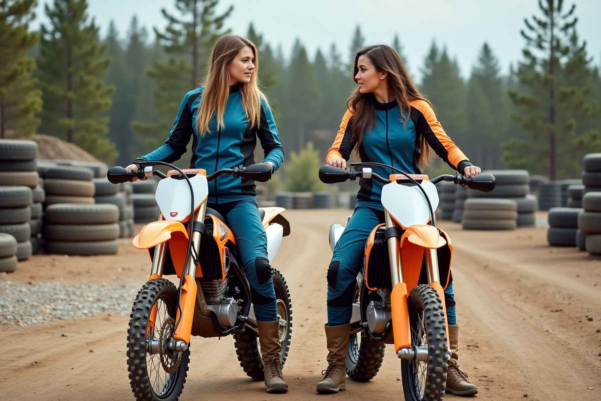 Deux jeunes femmes en tenue motocross avec leurs motos