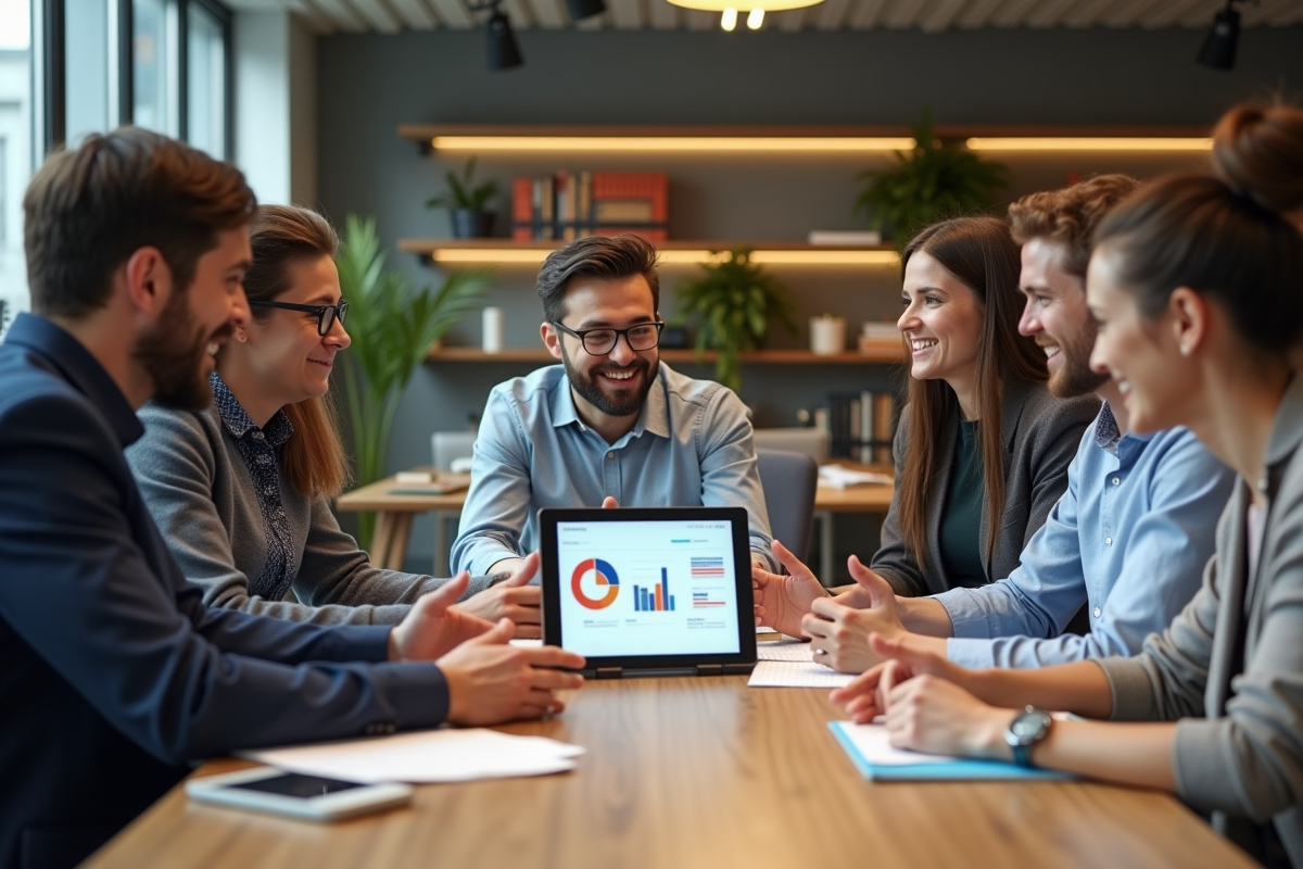 Groupe de professionnels discutant autour d