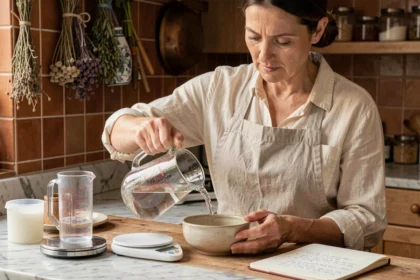 Femme versant du liquide dans un bol avec un verre doseur gradué en cuisine, entourée d'ustensiles de mesure sur un plan de travail en marbre
