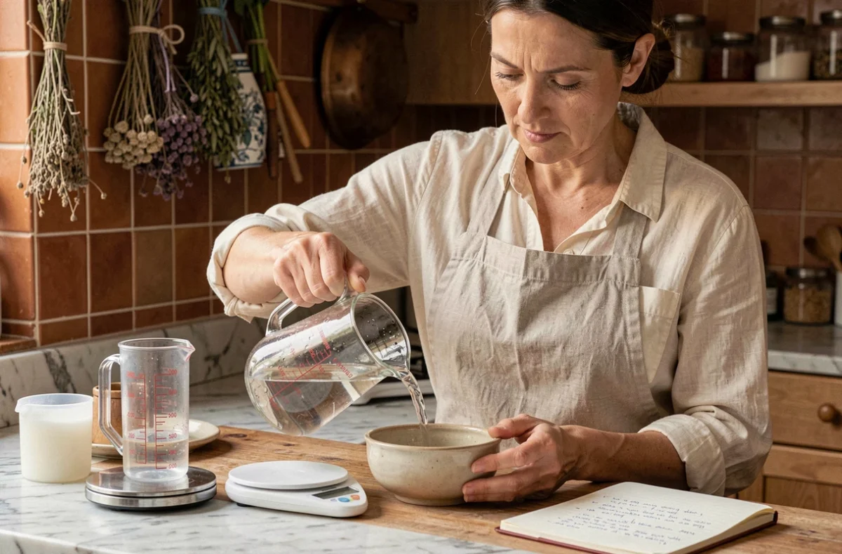 Femme versant du liquide dans un bol avec un verre doseur gradué en cuisine, entourée d'ustensiles de mesure sur un plan de travail en marbre