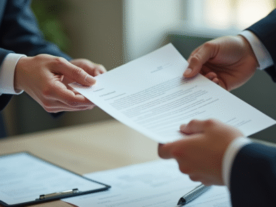 Deux mains échangeant une lettre officielle sur un bureau
