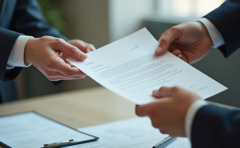 Deux mains échangeant une lettre officielle sur un bureau