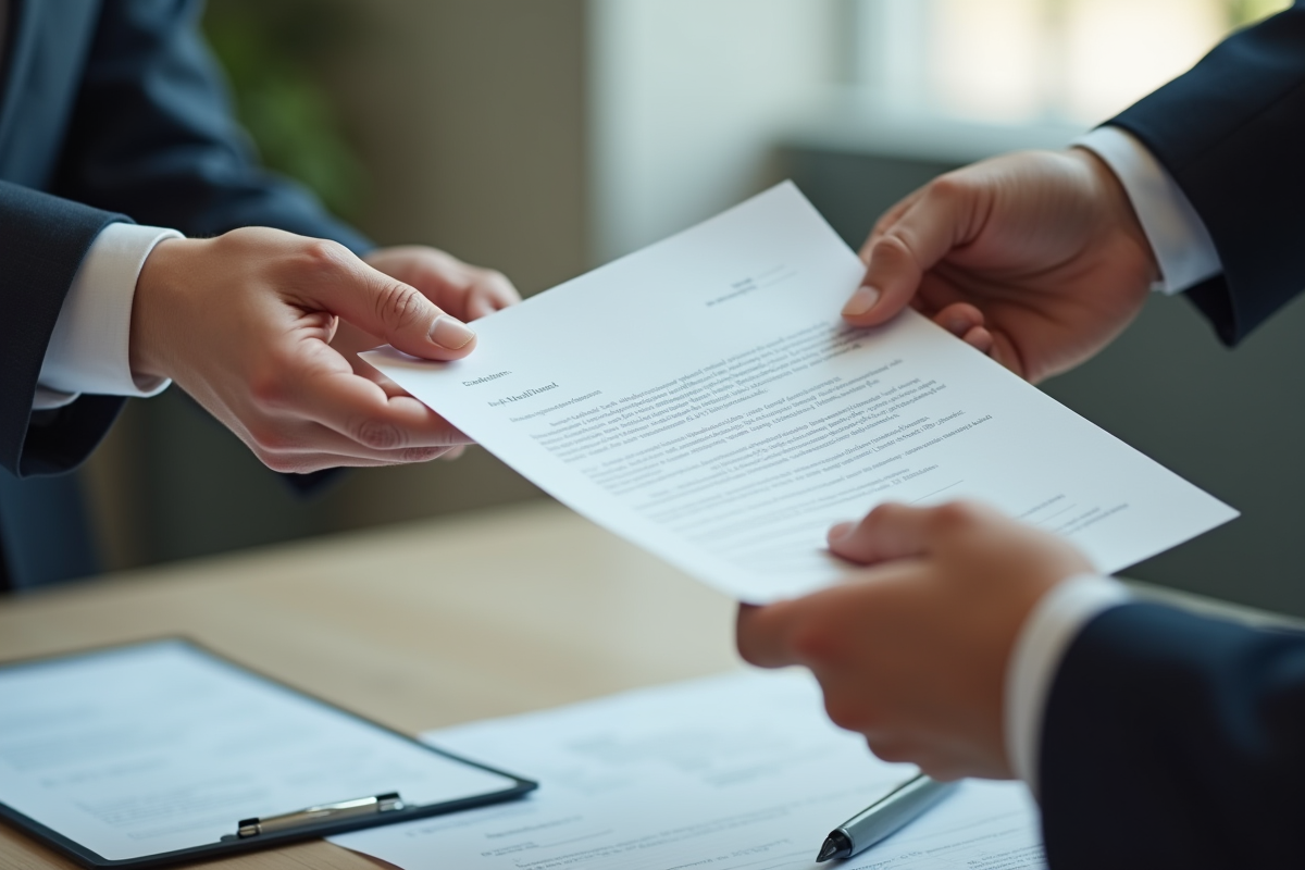 Deux mains échangeant une lettre officielle sur un bureau