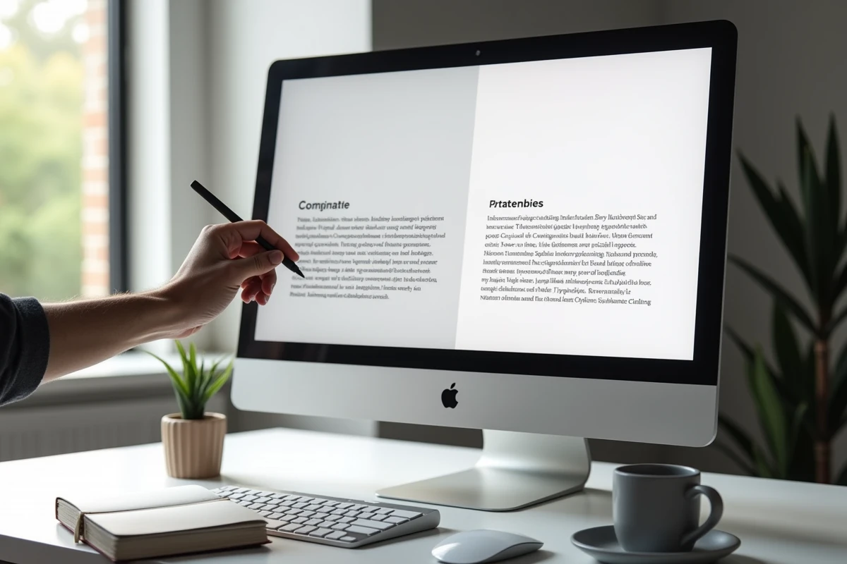 Écran d'ordinateur montrant une comparaison côte à côte d'interfaces UX en police serif et sans-serif, avec une main tenant un stylet sur un bureau de travail épuré