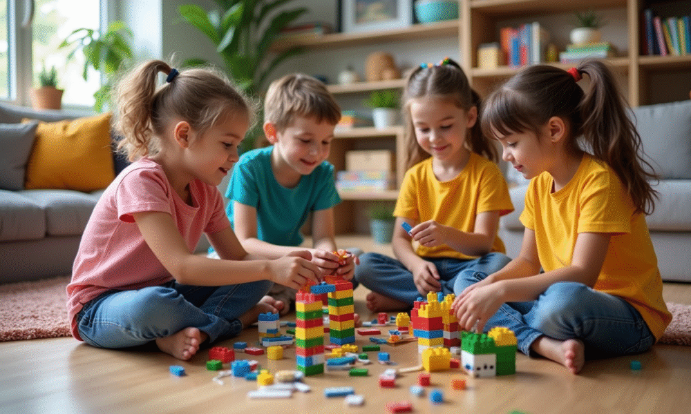 Groupe d'enfants construisant une structure créative dans un salon