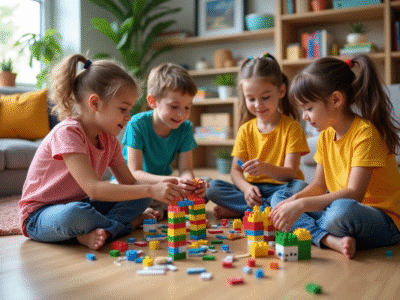 Groupe d'enfants construisant une structure créative dans un salon