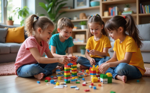 Groupe d'enfants construisant une structure créative dans un salon