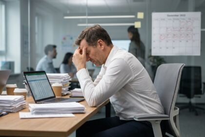 Entrepreneur stressé en fin de mois face à des documents financiers sur son bureau d'entreprise