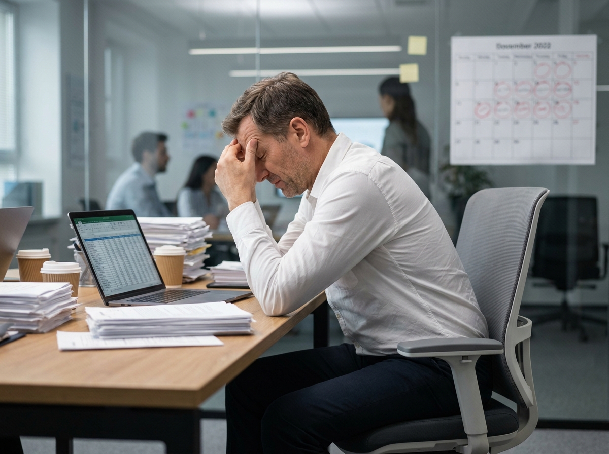 Entrepreneur stressé en fin de mois face à des documents financiers sur son bureau d'entreprise