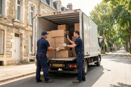 Équipe de déménageurs professionnels chargeant des cartons dans un camion blanc devant des immeubles en pierre d'Angers