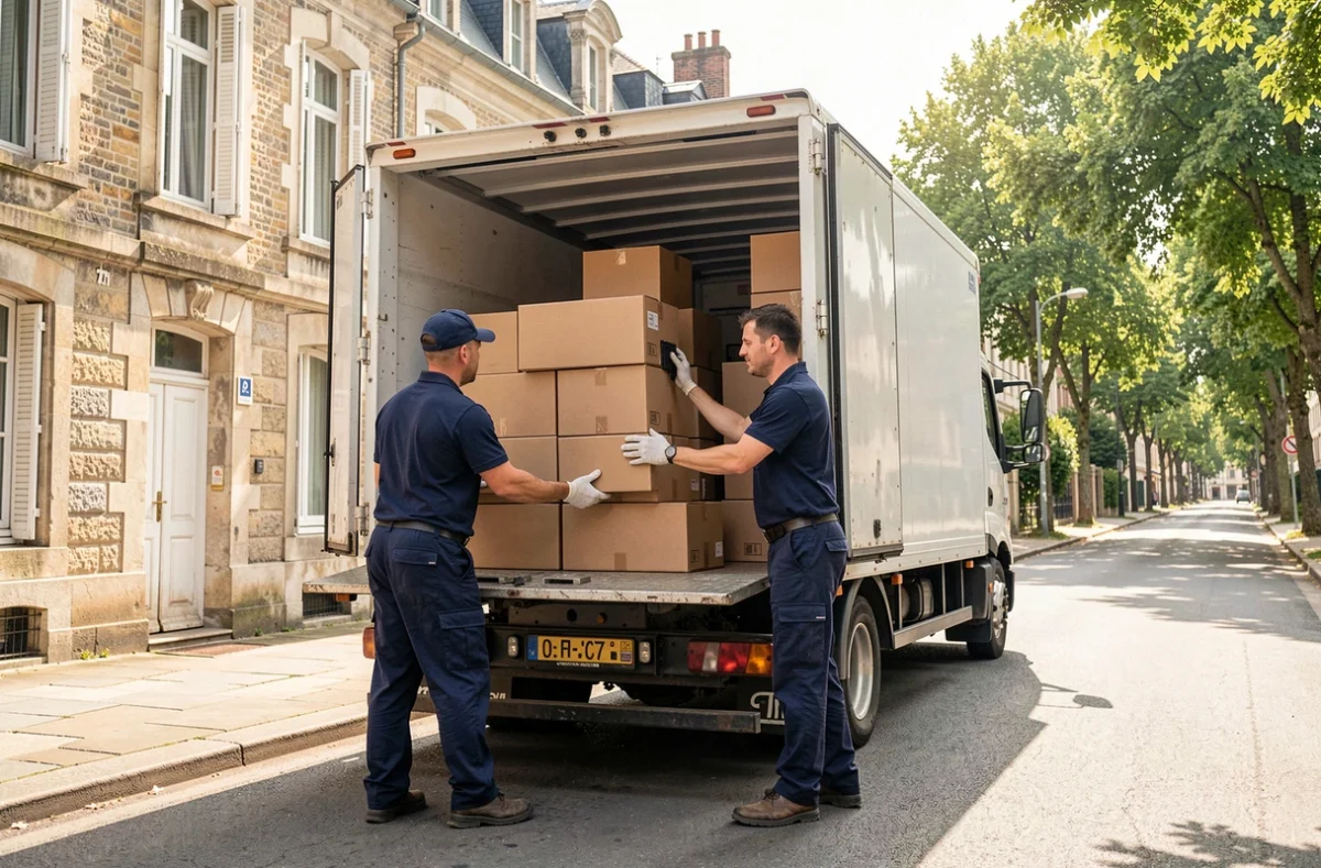 Équipe de déménageurs professionnels chargeant des cartons dans un camion blanc devant des immeubles en pierre d'Angers
