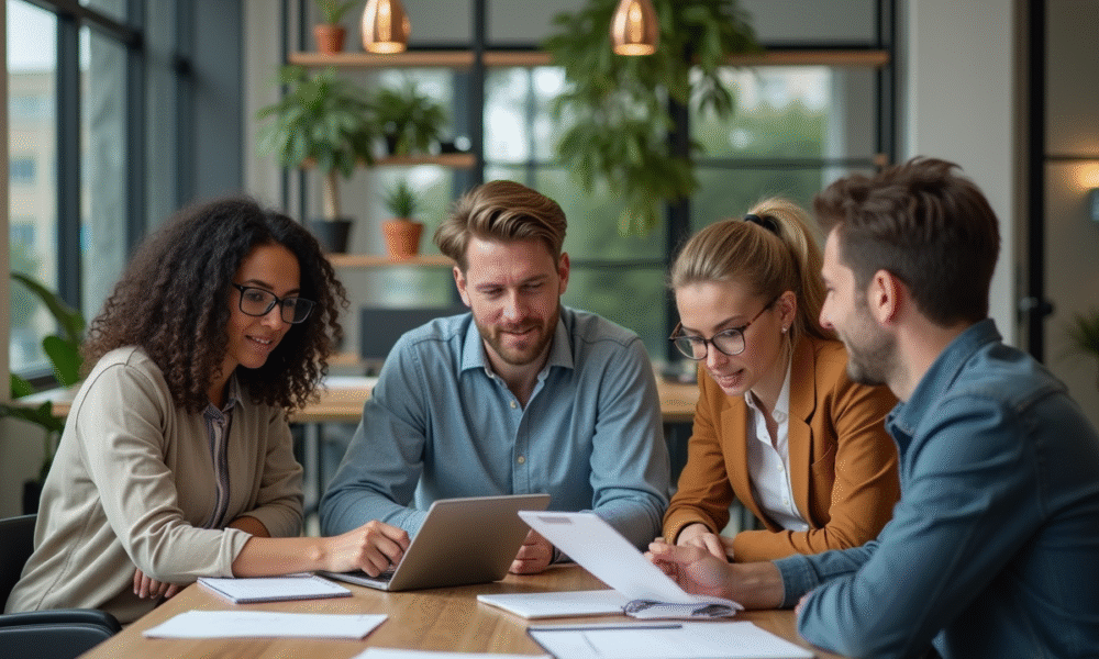 Groupe de quatre professionnels en réunion dans un bureau moderne
