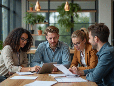 Groupe de quatre professionnels en réunion dans un bureau moderne