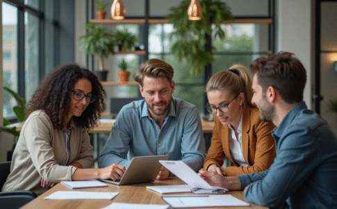 Groupe de quatre professionnels en réunion dans un bureau moderne