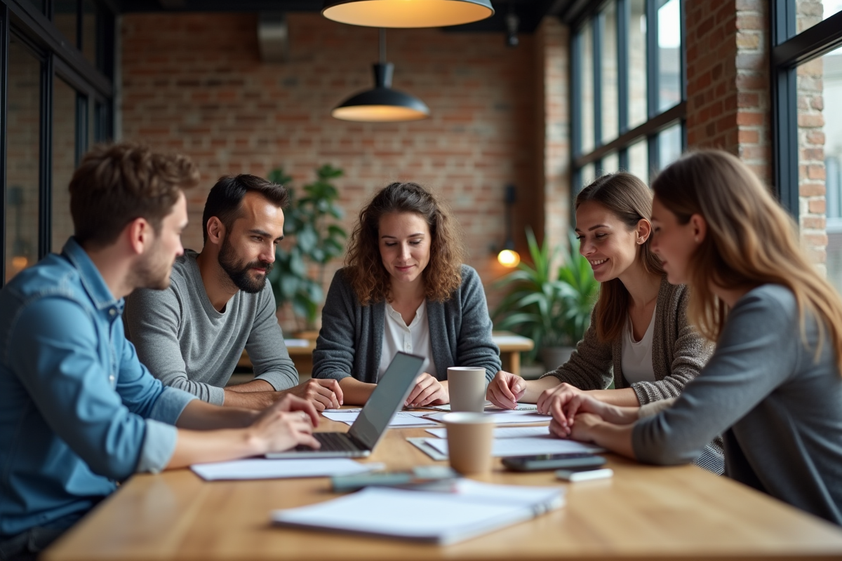 Groupe de collègues en réunion dans un espace de coworking