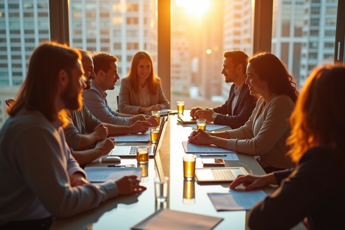 Groupe divers de professionnels en réunion collaborative