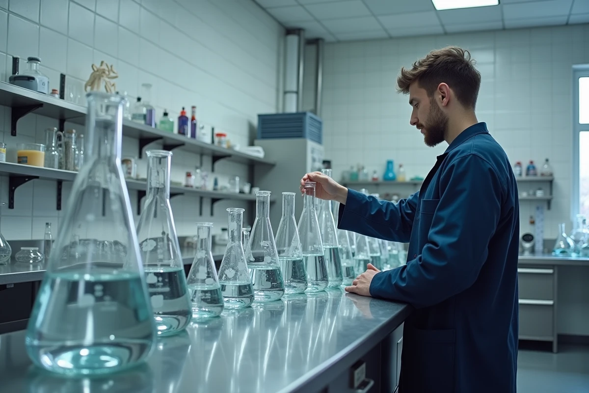 Scientifique alignant des béchers et flacons graduées de 5 litres à quelques millilitres sur une paillasse de laboratoire