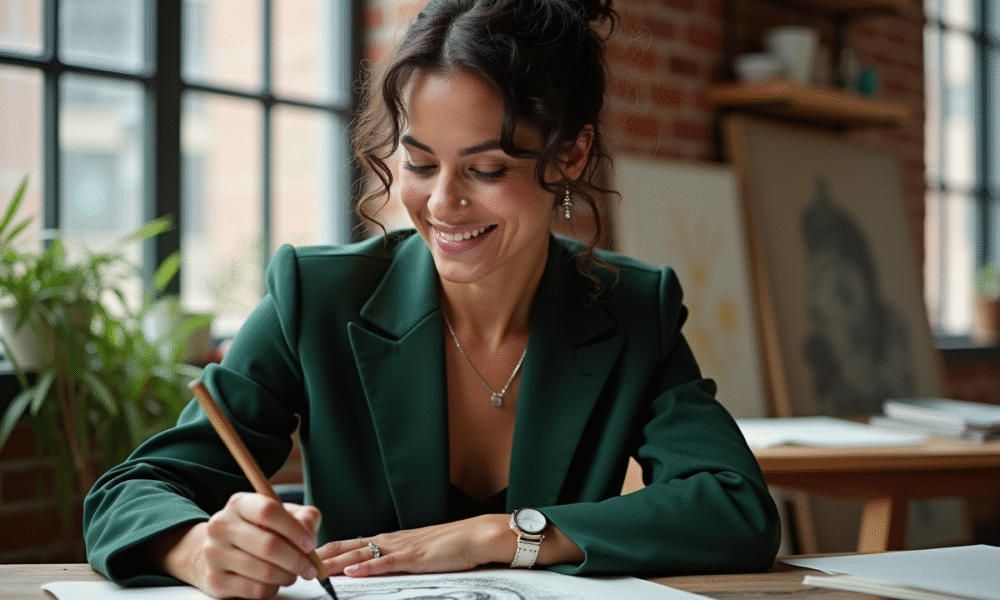 Esmeralda Vasconcelos en studio en train de dessiner