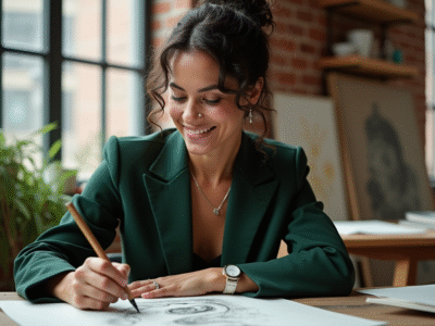 Esmeralda Vasconcelos en studio en train de dessiner