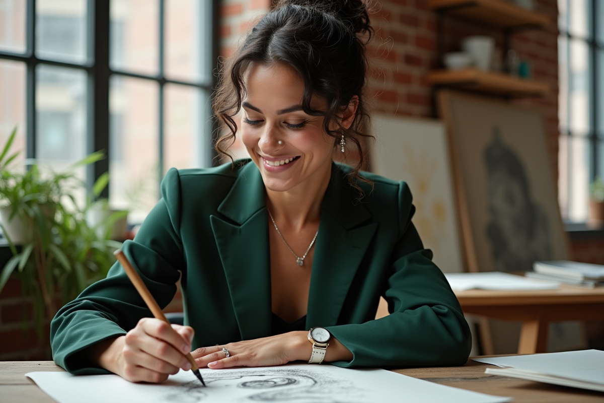Esmeralda Vasconcelos en studio en train de dessiner
