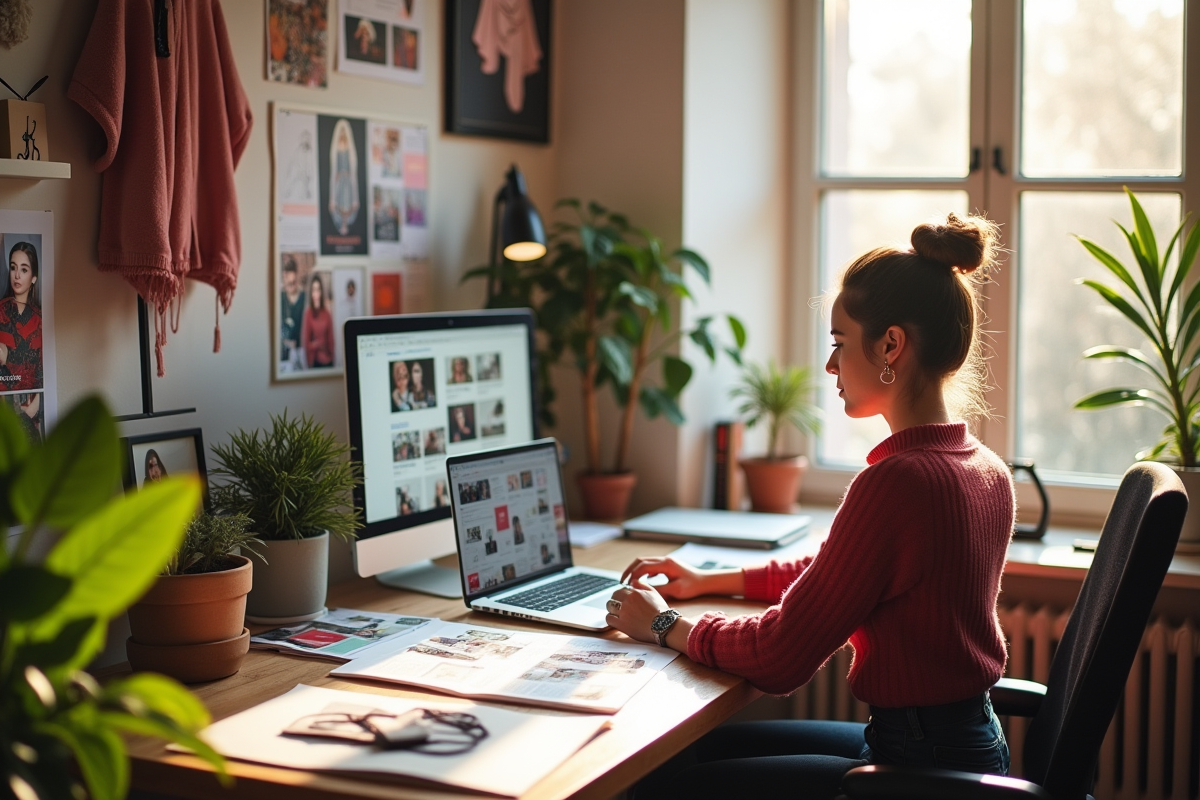 Espace de travail créatif avec moodboards et croquis mode