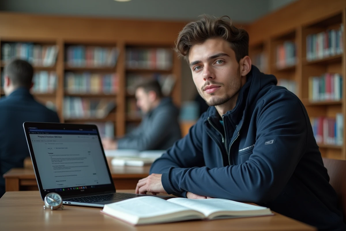 Étudiant musulman consultant les horaires de prière sur son ordinateur dans une bibliothèque universitaire